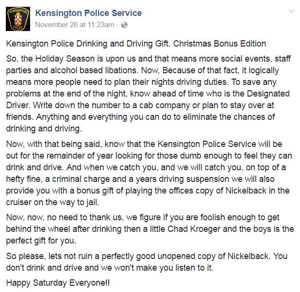 NICKELBACK Asks Canadian Police To Remove Post About Subjecting Drunk Drivers To Band's Music